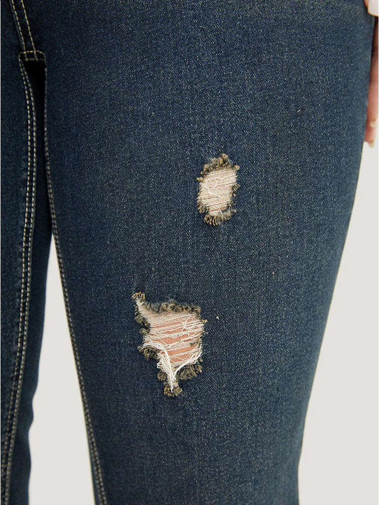 Very Stretchy  High Rise Dark Wash Distressed Stitch Jeans - Image 11