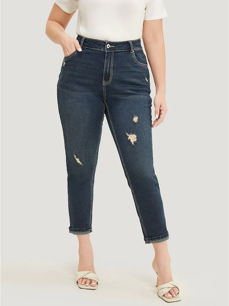 Very Stretchy  High Rise Dark Wash Distressed Stitch Jeans - Image 2