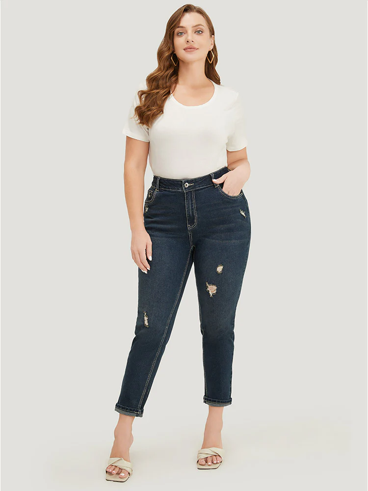 Very Stretchy  High Rise Dark Wash Distressed Stitch Jeans - Image 3
