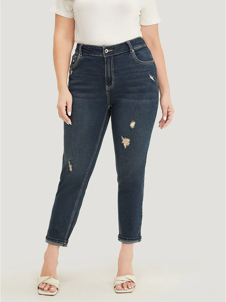 Very Stretchy  High Rise Dark Wash Distressed Stitch Jeans - Image 4