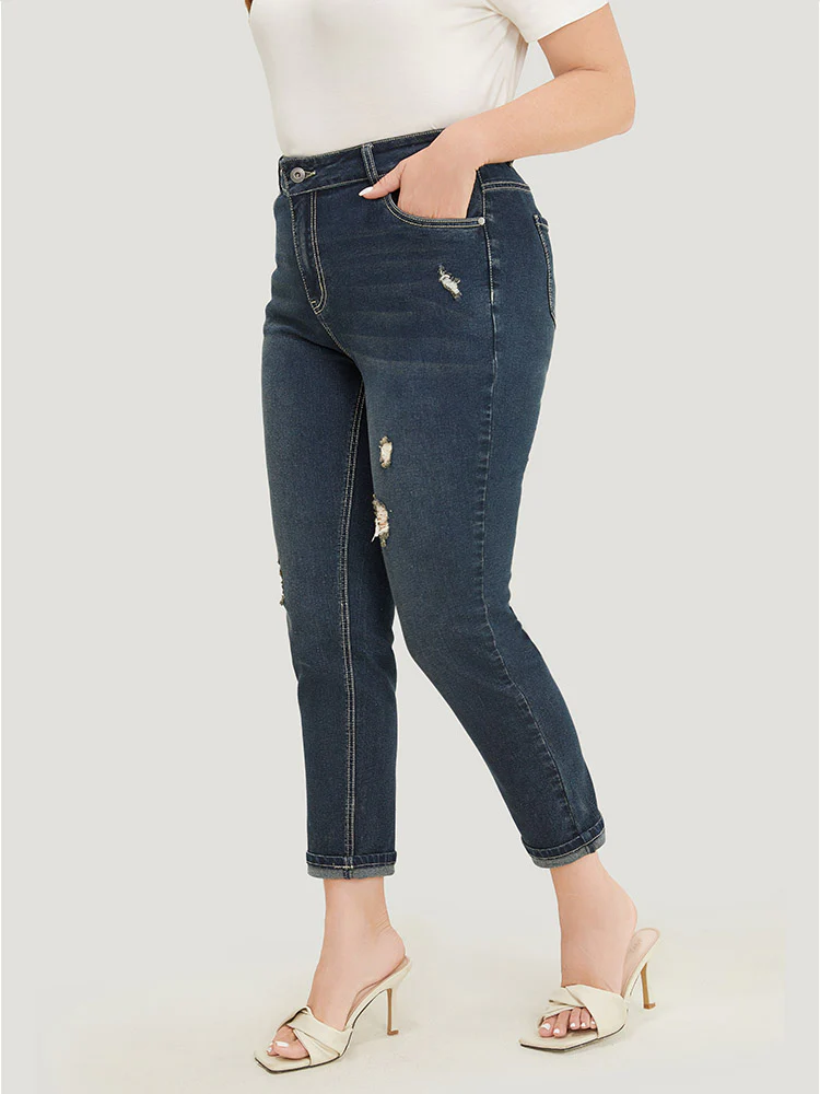 Very Stretchy  High Rise Dark Wash Distressed Stitch Jeans - Image 5