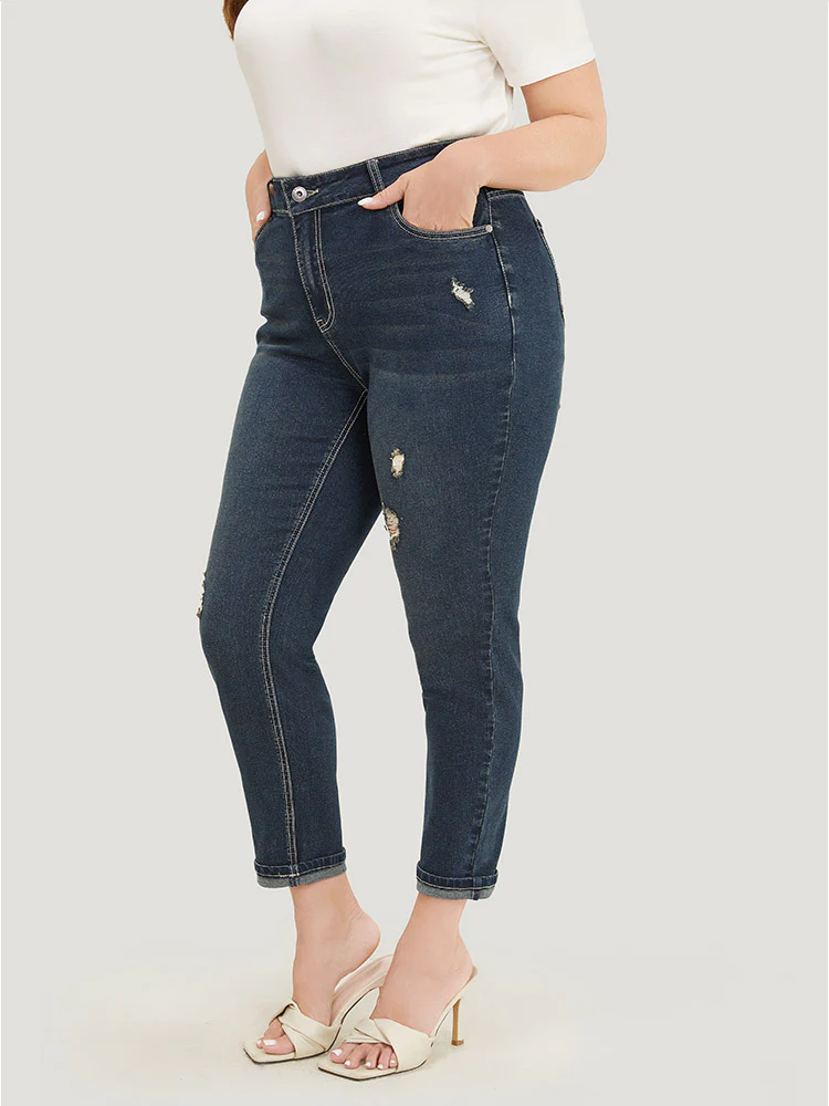 Very Stretchy  High Rise Dark Wash Distressed Stitch Jeans - Image 6