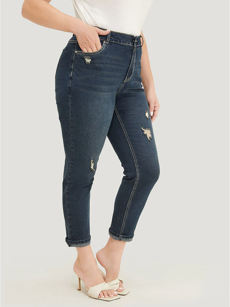 Very Stretchy  High Rise Dark Wash Distressed Stitch Jeans - Image 7