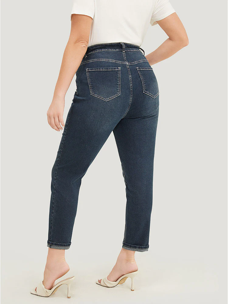 Very Stretchy  High Rise Dark Wash Distressed Stitch Jeans - Image 8