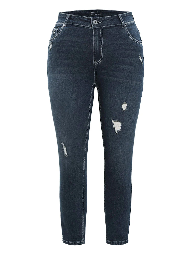 Very Stretchy  High Rise Dark Wash Distressed Stitch Jeans - Image 9
