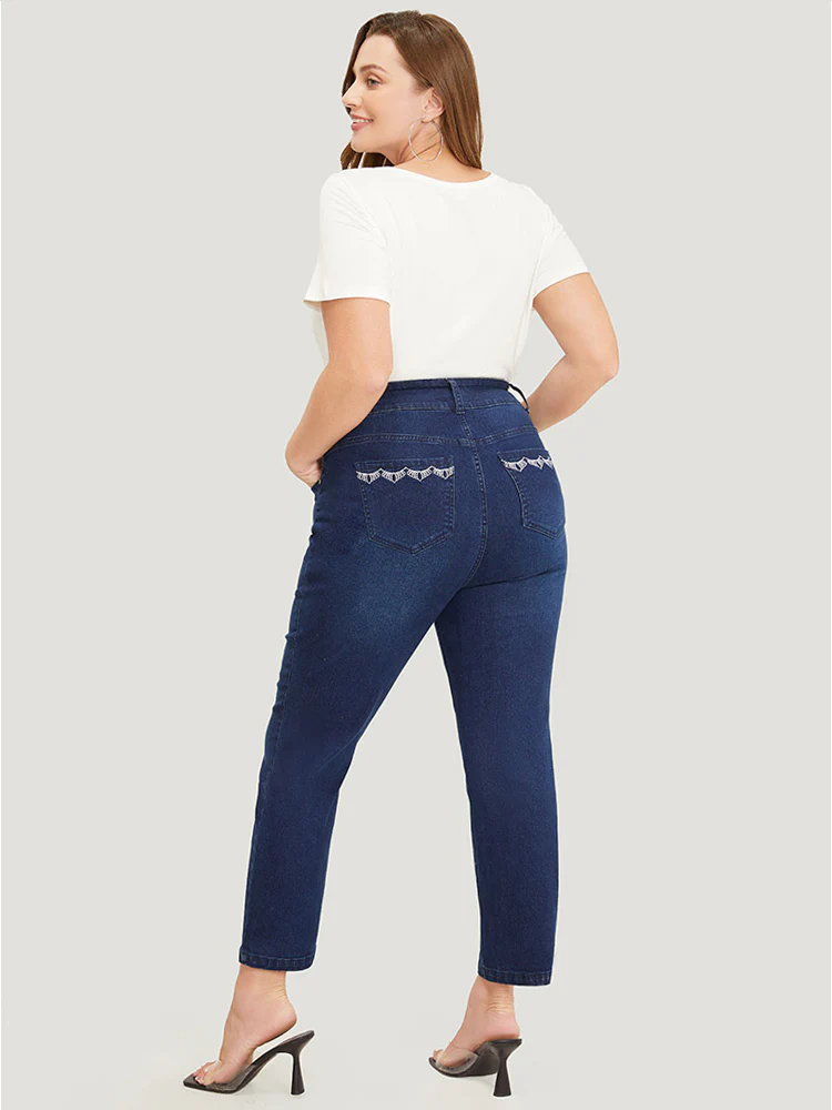 Very Stretchy High Rise Dark Wash Embroidery Back Jeans - Image 4