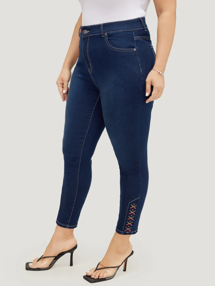 Very Stretchy High Rise Dark Wash Geometric Embroidered  Jeans - Image 2