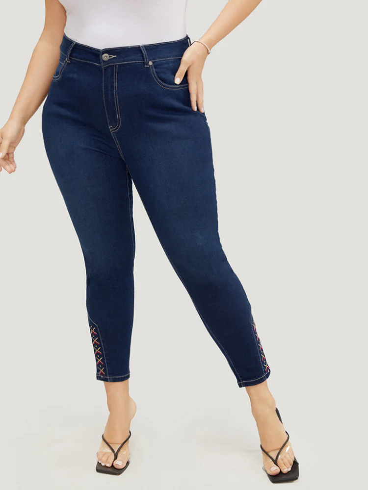 Very Stretchy High Rise Dark Wash Geometric Embroidered  Jeans - Image 3