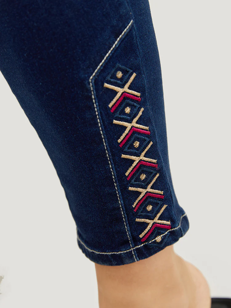 Very Stretchy High Rise Dark Wash Geometric Embroidered  Jeans - Image 4