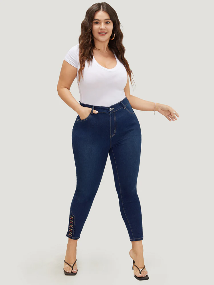Very Stretchy High Rise Dark Wash Geometric Embroidered  Jeans - Image 5