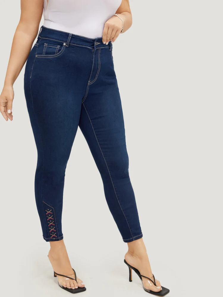Very Stretchy High Rise Dark Wash Geometric Embroidered  Jeans - Image 6
