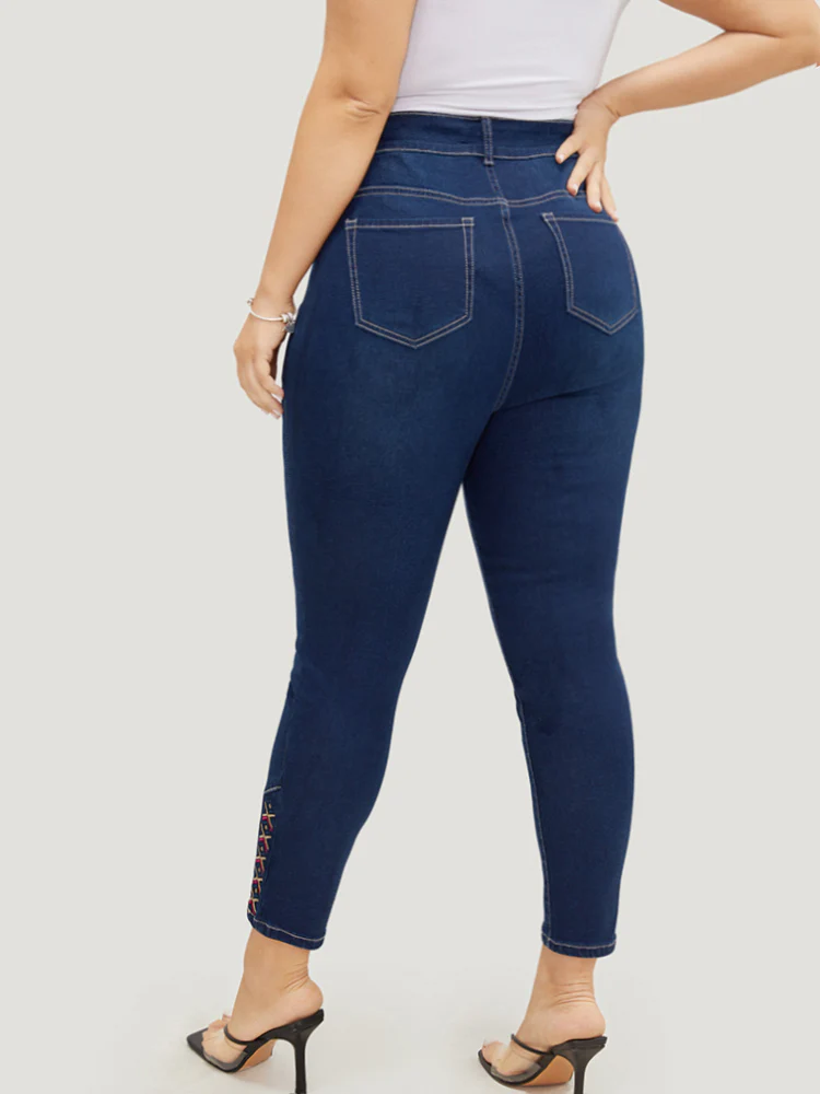 Very Stretchy High Rise Dark Wash Geometric Embroidered  Jeans - Image 7