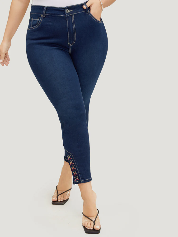 Very Stretchy High Rise Dark Wash Geometric Embroidered  Jeans - Image 8