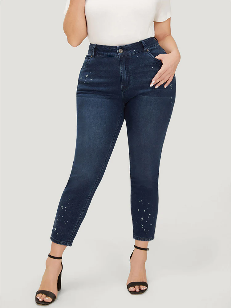 Very Stretchy High Rise Dark Wash Paint Jeans - Image 2