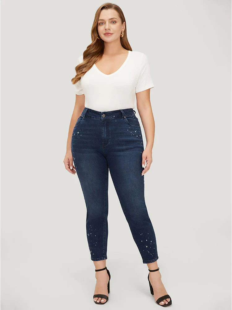 Very Stretchy High Rise Dark Wash Paint Jeans - Image 3