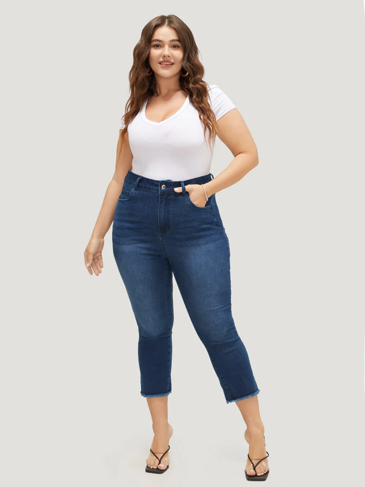 Very Stretchy High Rise Dark Wash Raw Hem Cropped Jeans - Image 2