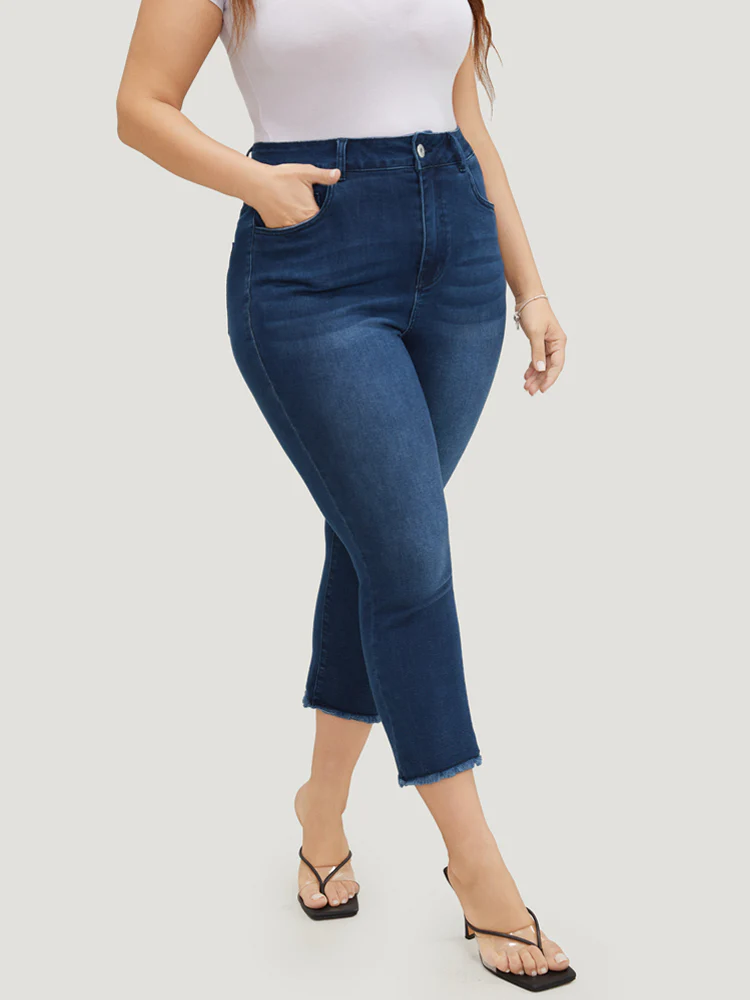 Very Stretchy High Rise Dark Wash Raw Hem Cropped Jeans - Image 5
