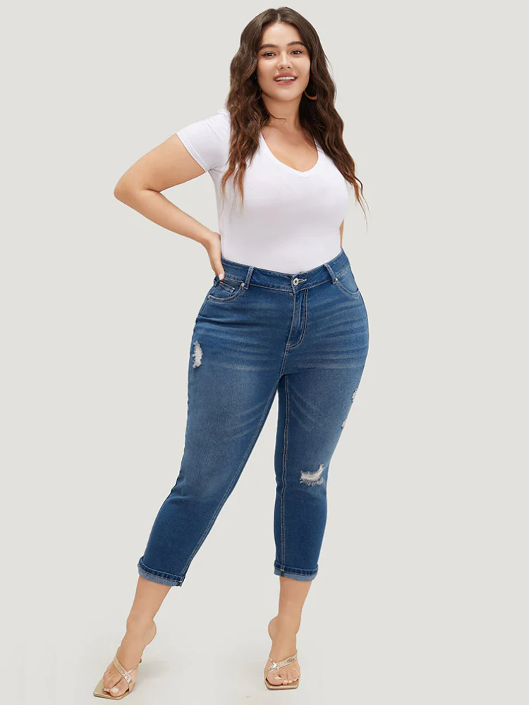 Very Stretchy High Rise Dark Wash Ripped Detail Cropped Jeans - Image 2