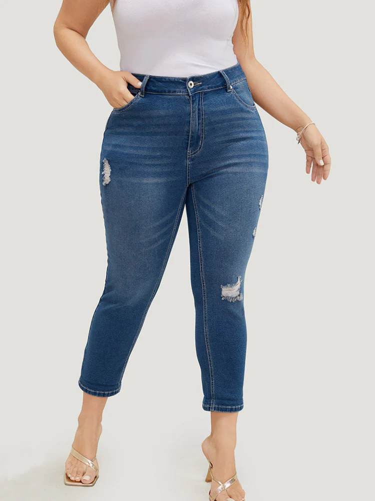 Very Stretchy High Rise Dark Wash Ripped Detail Cropped Jeans - Image 3