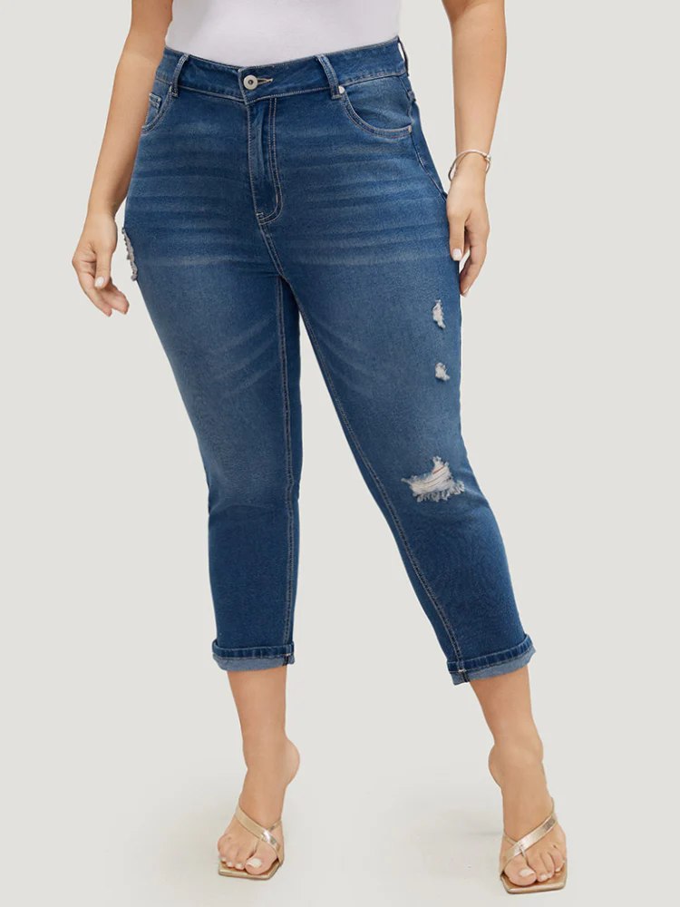 Very Stretchy High Rise Dark Wash Ripped Detail Cropped Jeans - Image 4