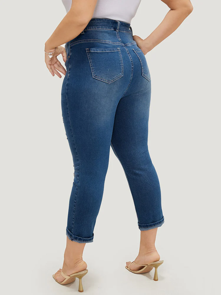Very Stretchy High Rise Dark Wash Ripped Detail Cropped Jeans - Image 5