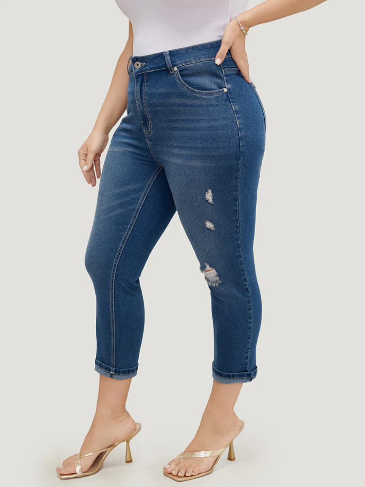 Very Stretchy High Rise Dark Wash Ripped Detail Cropped Jeans - Image 6