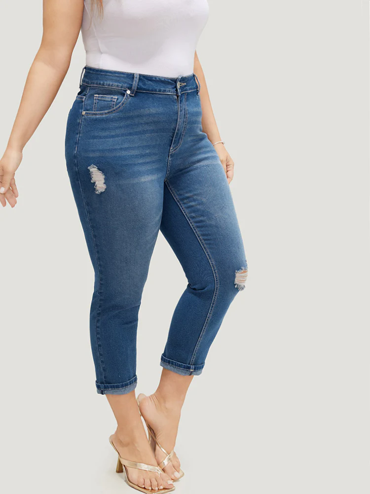 Very Stretchy High Rise Dark Wash Ripped Detail Cropped Jeans - Image 7