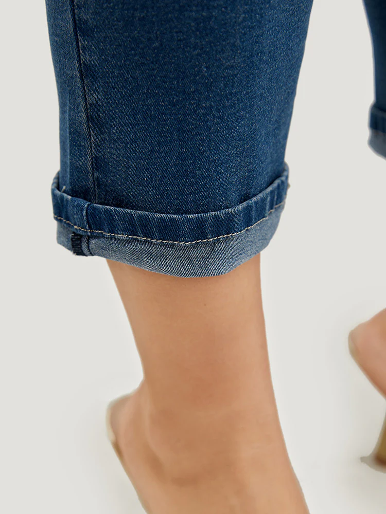 Very Stretchy High Rise Dark Wash Ripped Detail Cropped Jeans - Image 8
