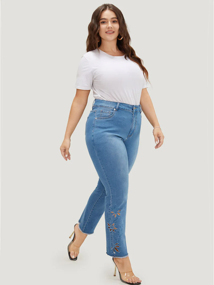 Very Stretchy High Rise Medium Wash Broderie Anglaise Jeans - Image 2