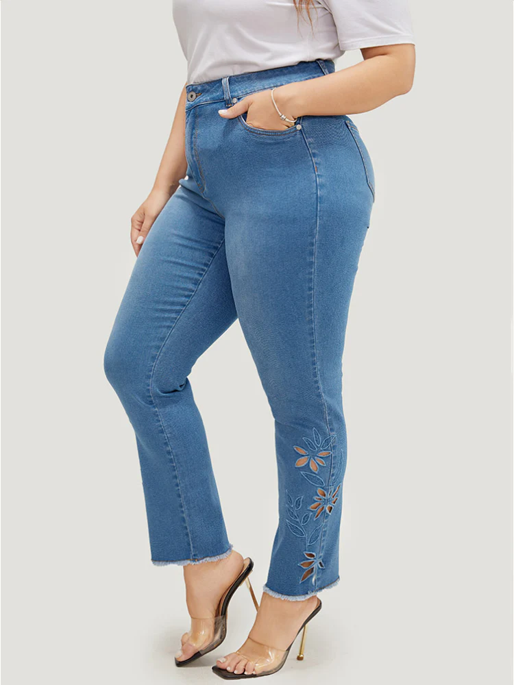 Very Stretchy High Rise Medium Wash Broderie Anglaise Jeans - Image 3