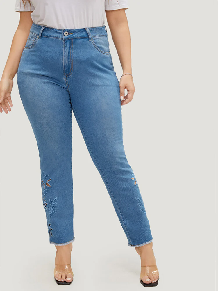 Very Stretchy High Rise Medium Wash Broderie Anglaise Jeans - Image 4