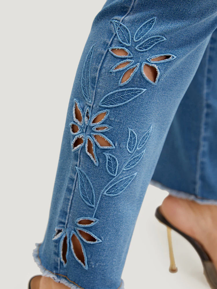 Very Stretchy High Rise Medium Wash Broderie Anglaise Jeans - Image 5