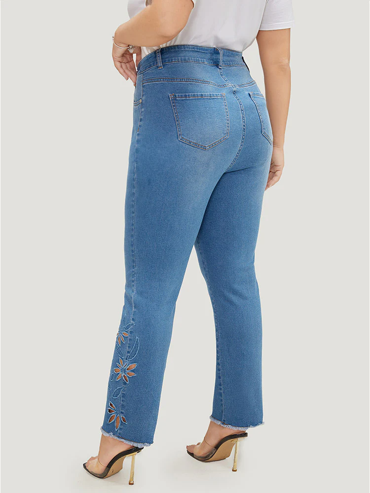 Very Stretchy High Rise Medium Wash Broderie Anglaise Jeans - Image 6
