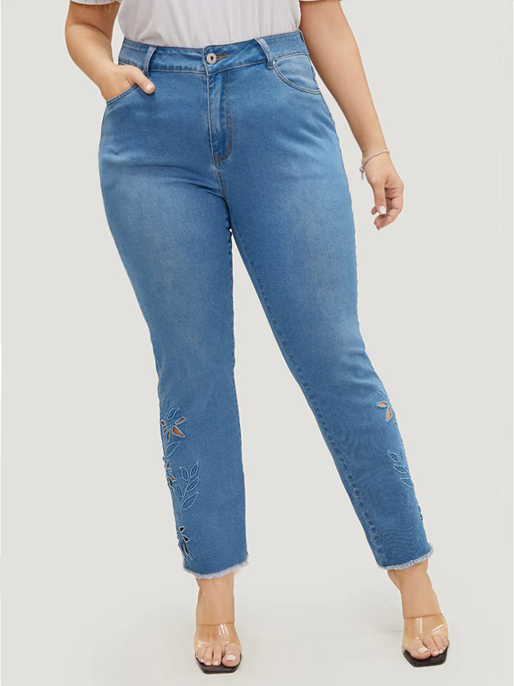 Very Stretchy High Rise Medium Wash Broderie Anglaise Jeans - Image 7