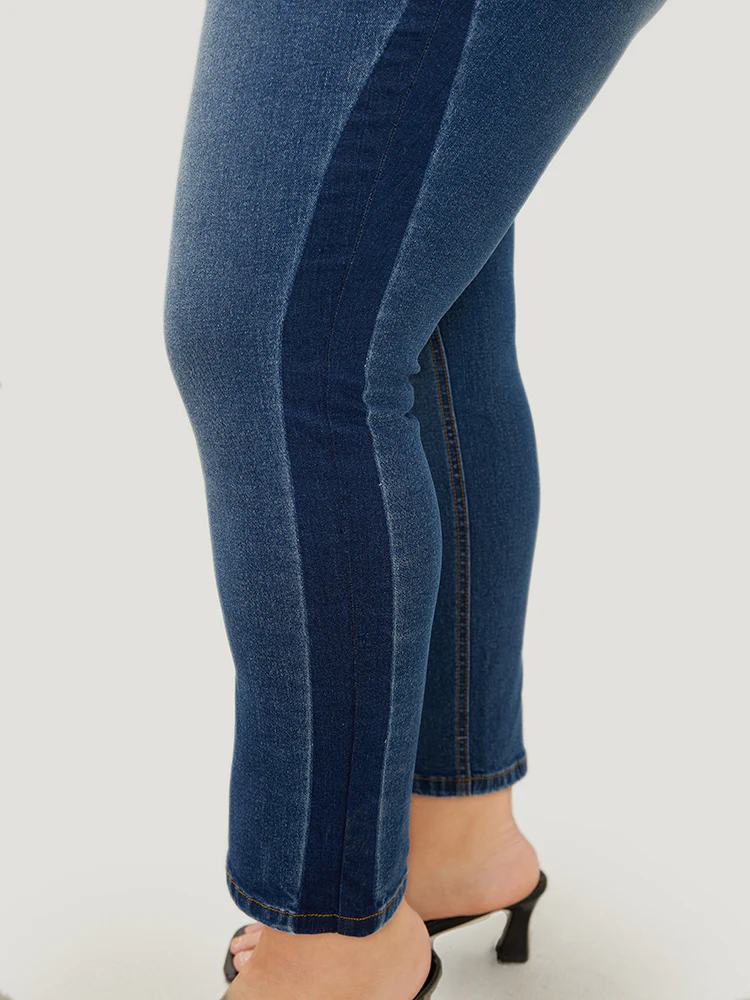 Very Stretchy High Rise Medium Wash Contrast Patchwork Jeans - Image 10