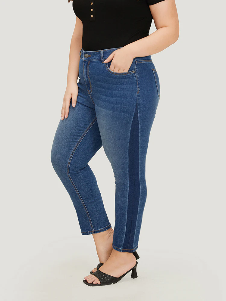 Very Stretchy High Rise Medium Wash Contrast Patchwork Jeans - Image 2