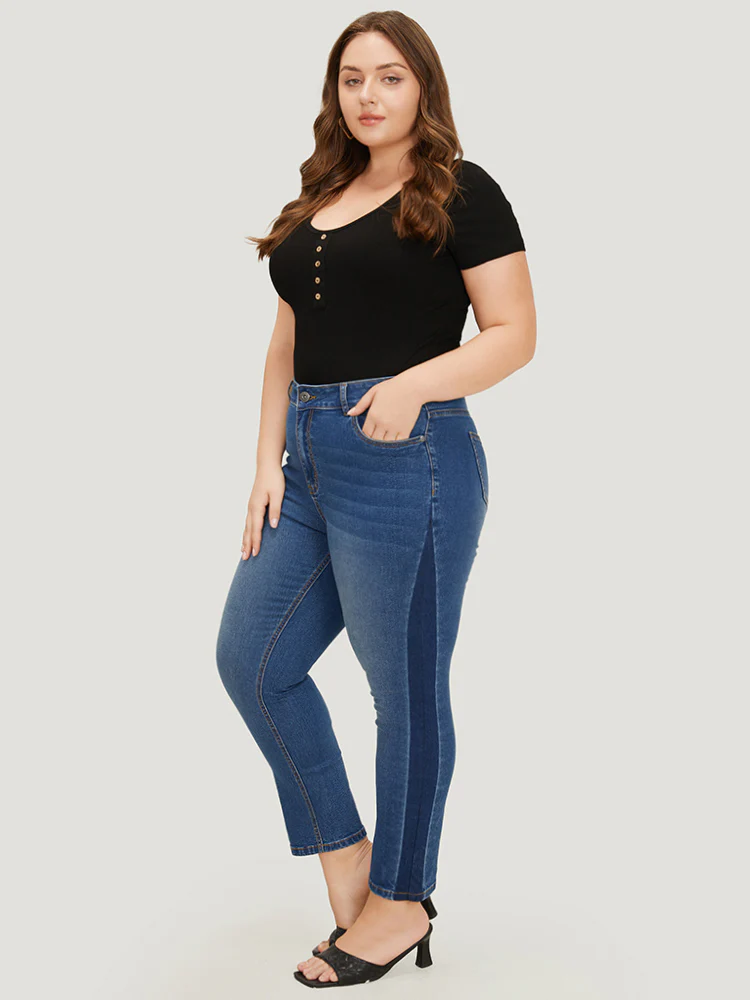 Very Stretchy High Rise Medium Wash Contrast Patchwork Jeans - Image 3