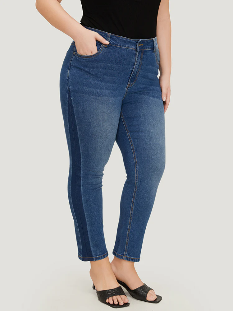 Very Stretchy High Rise Medium Wash Contrast Patchwork Jeans - Image 4