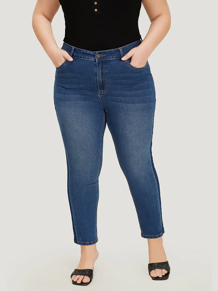 Very Stretchy High Rise Medium Wash Contrast Patchwork Jeans - Image 5