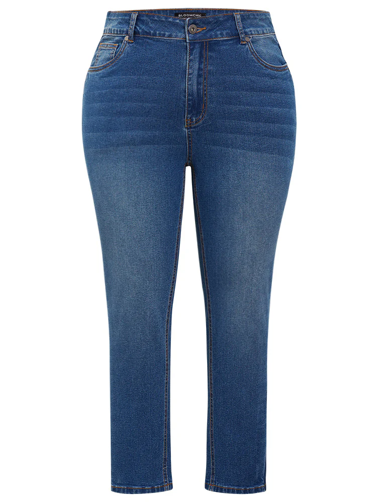Very Stretchy High Rise Medium Wash Contrast Patchwork Jeans - Image 6
