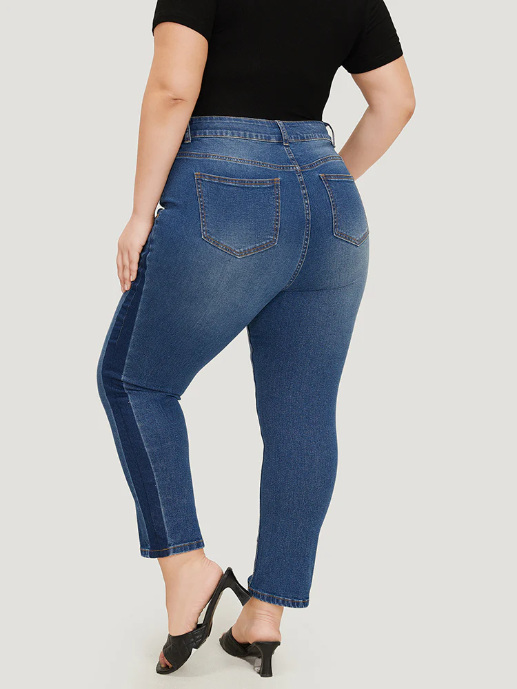 Very Stretchy High Rise Medium Wash Contrast Patchwork Jeans - Image 7