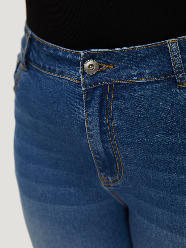 Very Stretchy High Rise Medium Wash Contrast Patchwork Jeans - Image 8
