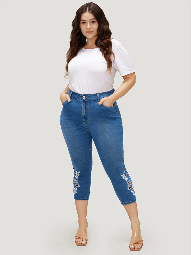 Very Stretchy High Rise Medium Wash Embroidered Cropped Jeans - Image 2