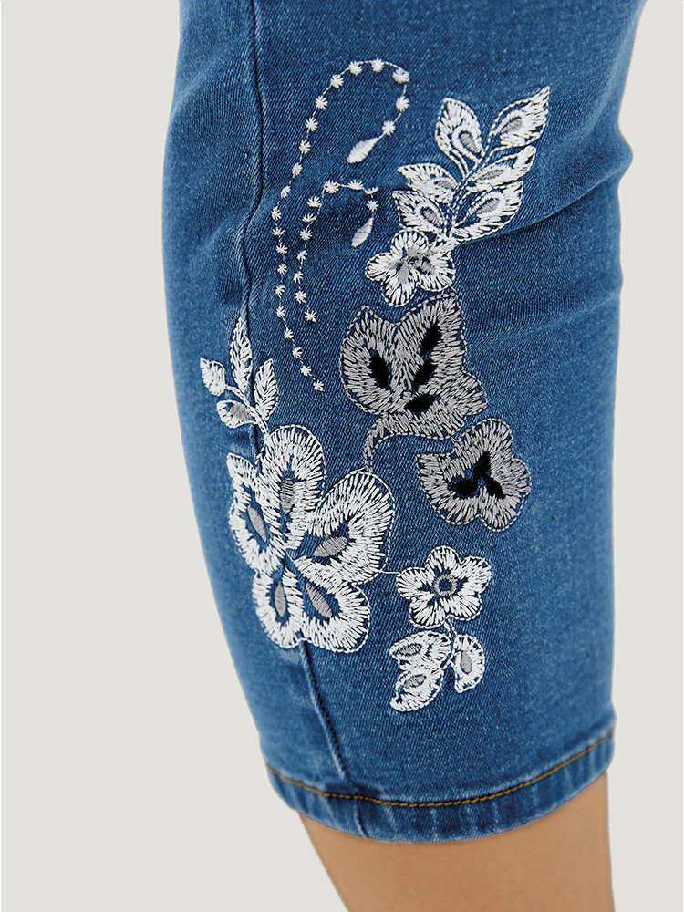 Very Stretchy High Rise Medium Wash Embroidered Cropped Jeans - Image 4