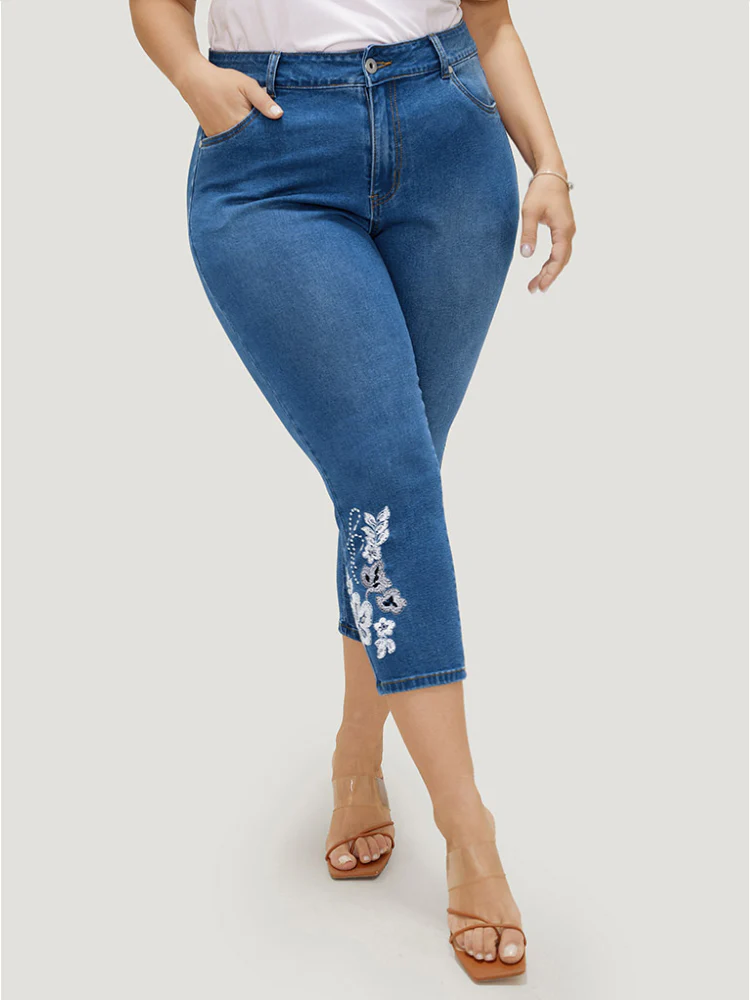 Very Stretchy High Rise Medium Wash Embroidered Cropped Jeans - Image 5