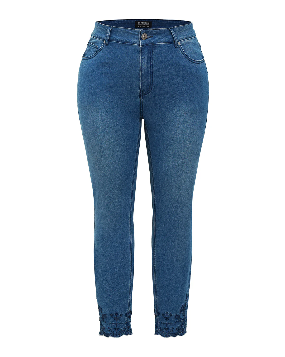 Very Stretchy High Rise Medium Wash Embroidered Scalloped Hem Jeans - Image 8
