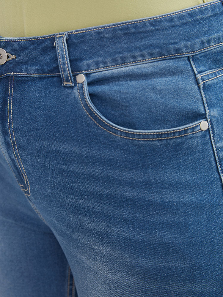 Very Stretchy High Rise Medium Wash Floral Embroidered Jeans - Image 11