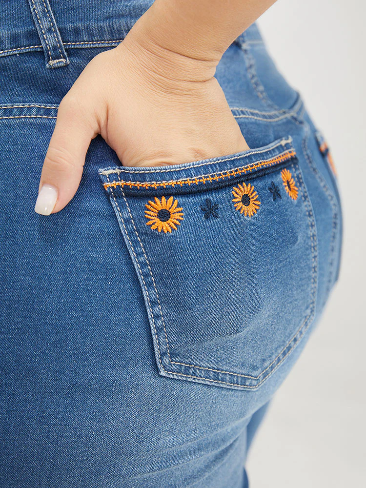 Very Stretchy High Rise Medium Wash Floral Embroidered Jeans - Image 2