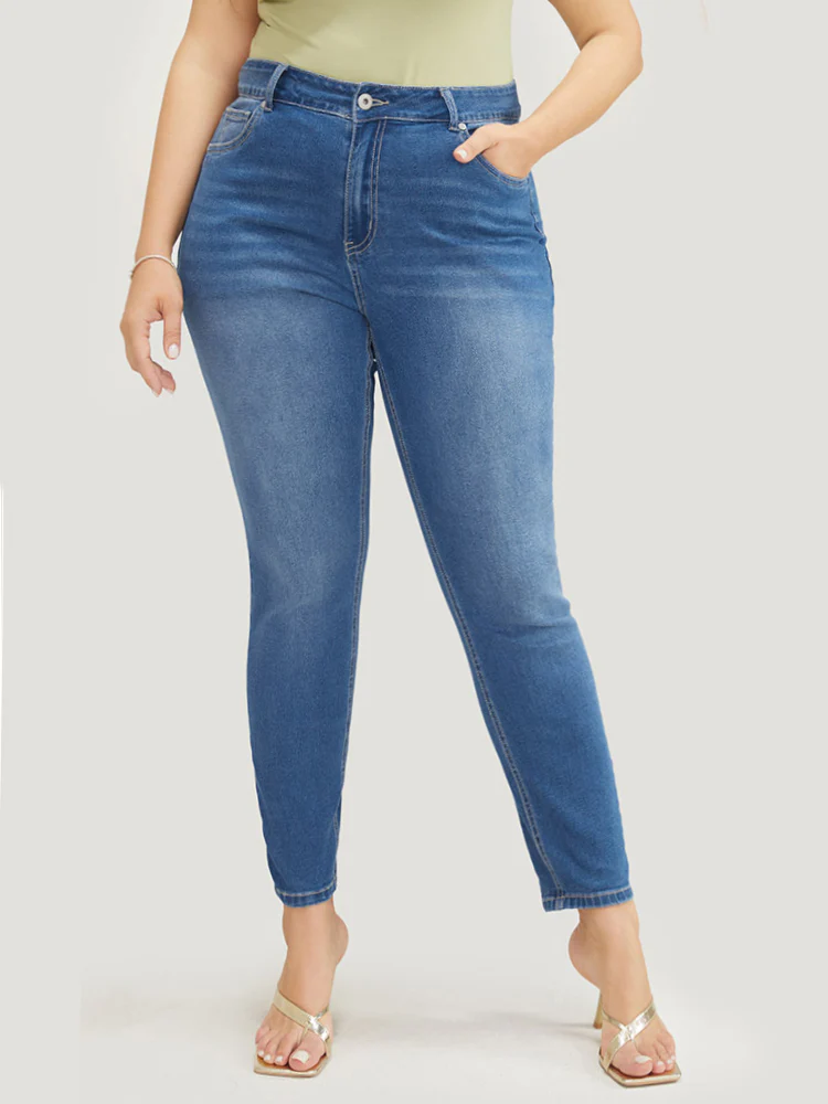 Very Stretchy High Rise Medium Wash Floral Embroidered Jeans - Image 3