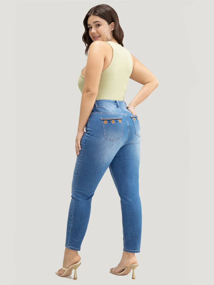 Very Stretchy High Rise Medium Wash Floral Embroidered Jeans - Image 4
